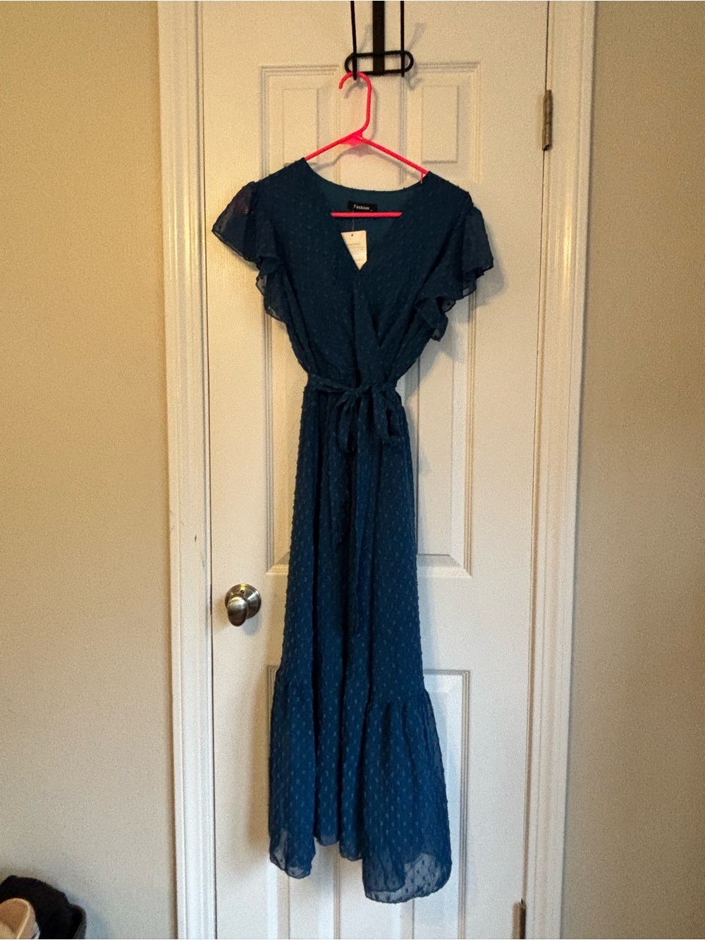 Amazon Teal Flutter Sleeve Wrap Maxi Dress with Tie Waist